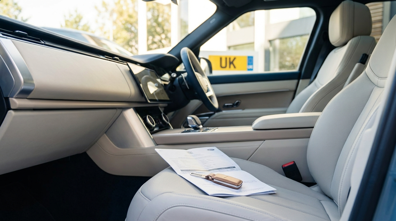 Vehicle paperwork and car key inside a modern car